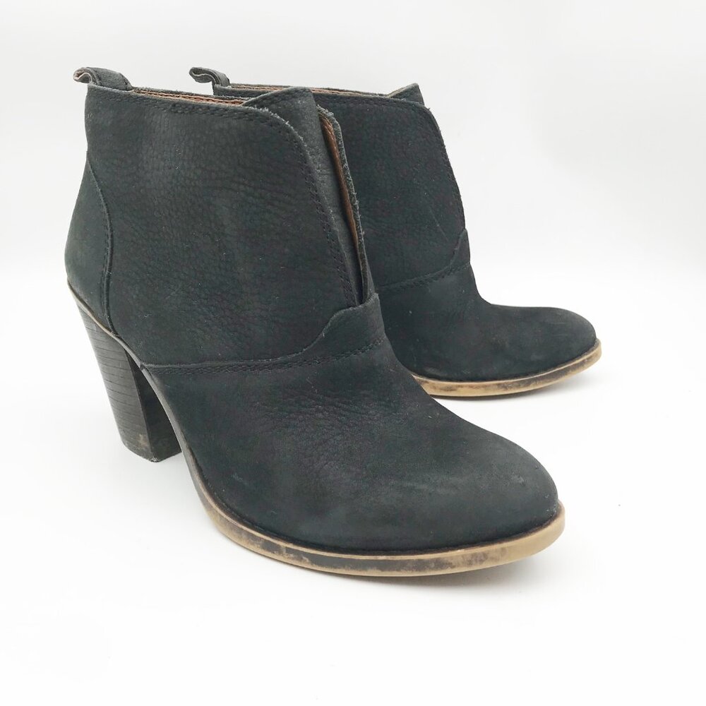 LUCKY BRAND Ehleen Black Leather Block Heeled Ankle Booties Boho Boots Womens 6